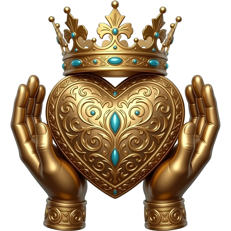 two bronze palms holding with their fingertips a bronze heart richly ornamented with arabesques and a richly decorated royal crown, dramatic lighting - backlight emoji