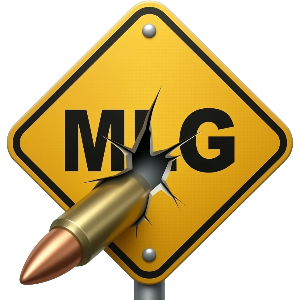 Надпись MLG пронзённая пулей и застревает в воклицательном знаке который ломается пополам в конце emoji