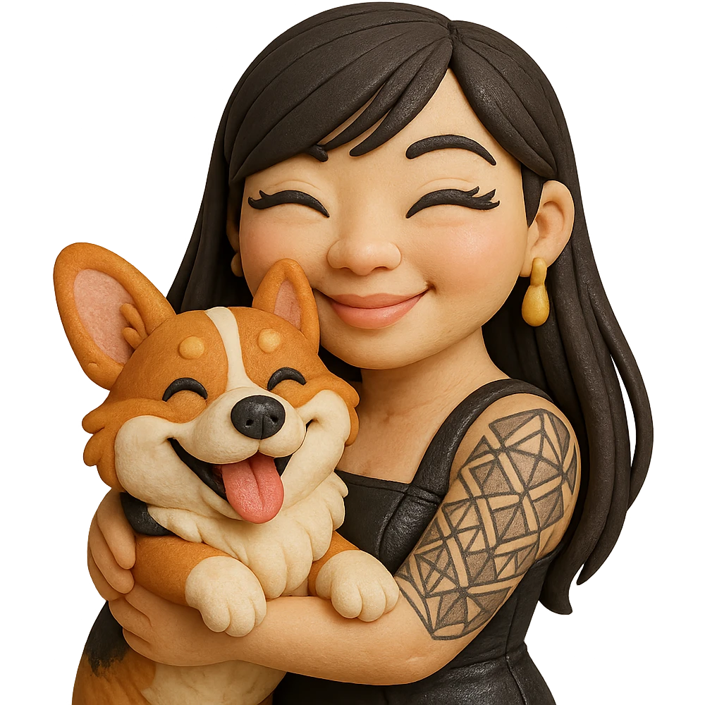 fondant cake art style emoji of an Asian girl with long straight hair, side-swept bangs, black leather dress, gold drop earrings, bold false lashes, and a geometric 3/4 sleeve tattoo on her left arm, hugging a joyful red head tri-color corgi, simplified, emoji-like emoji