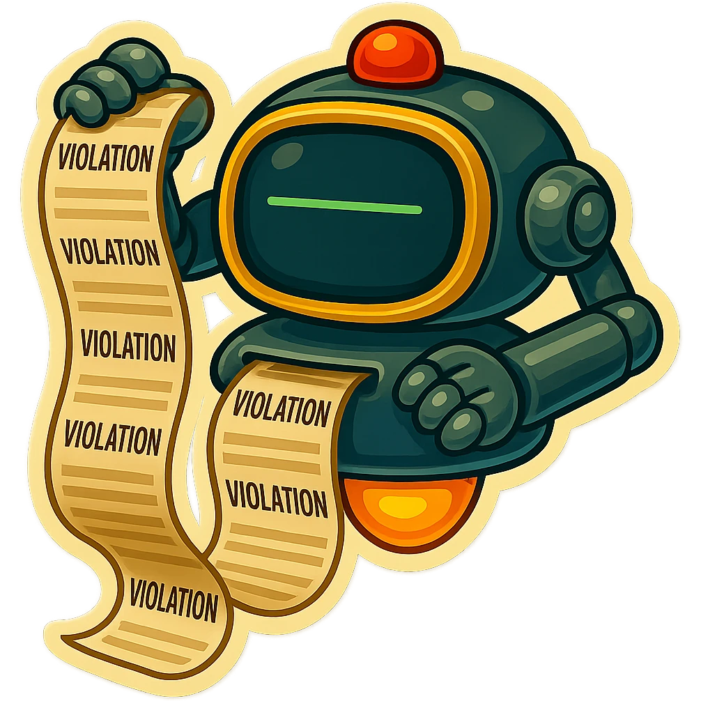 auditor robot prints out violations from benieth screen no legs. the robot hovers emoji