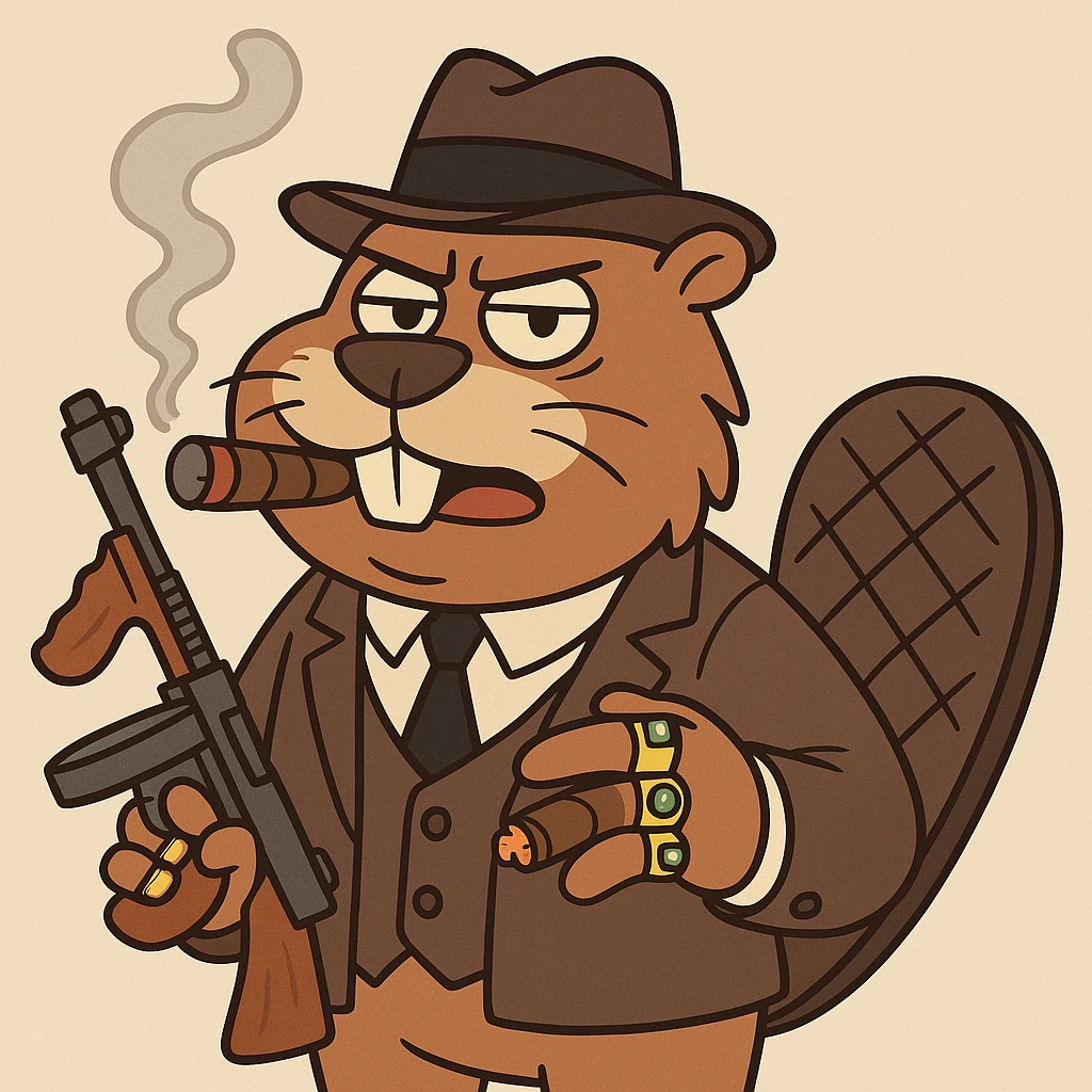beaver with a cigar, flashy rings, and a tommy gun, classic gangster look, cartoon style emoji