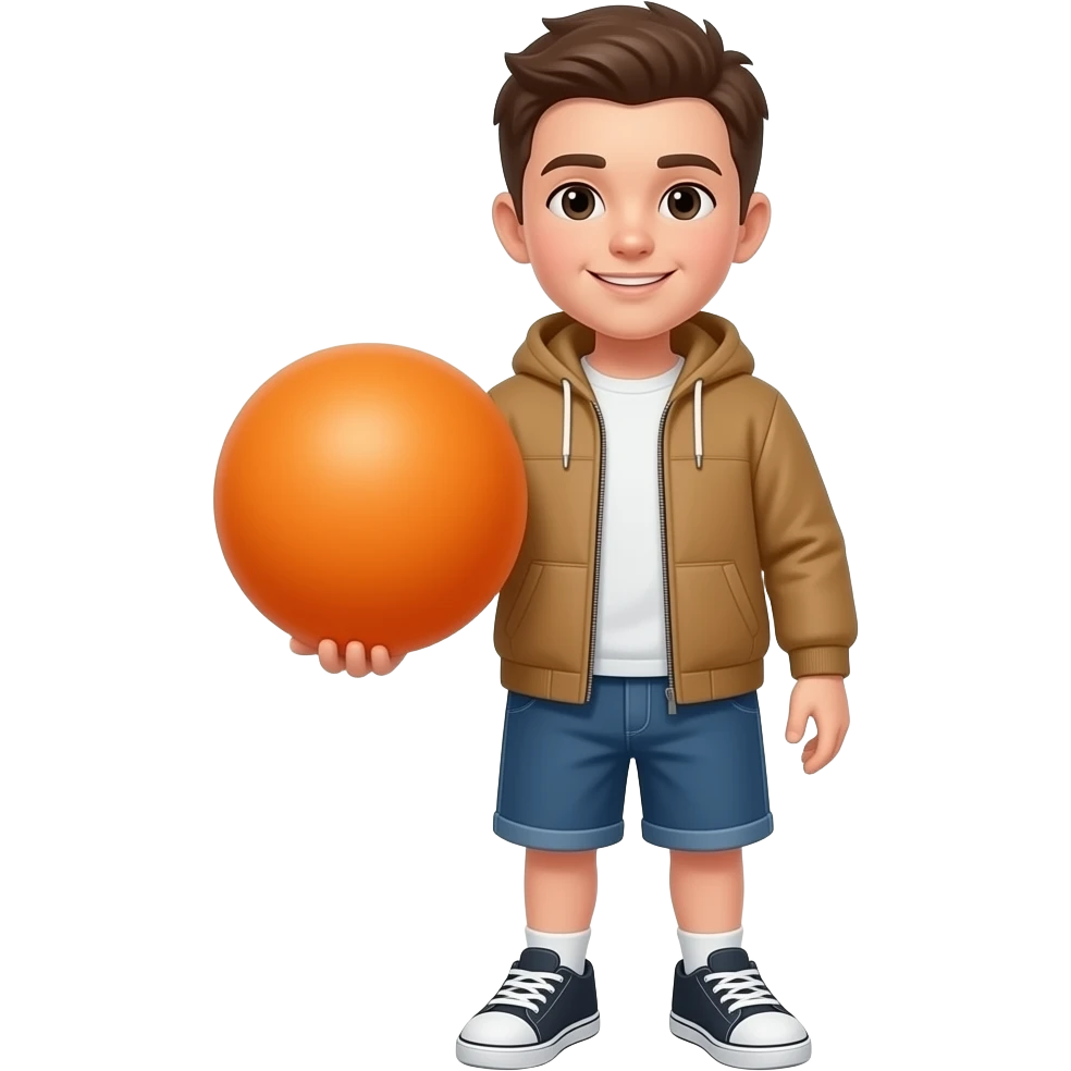 A boy holding a very orange colored big ball emoji