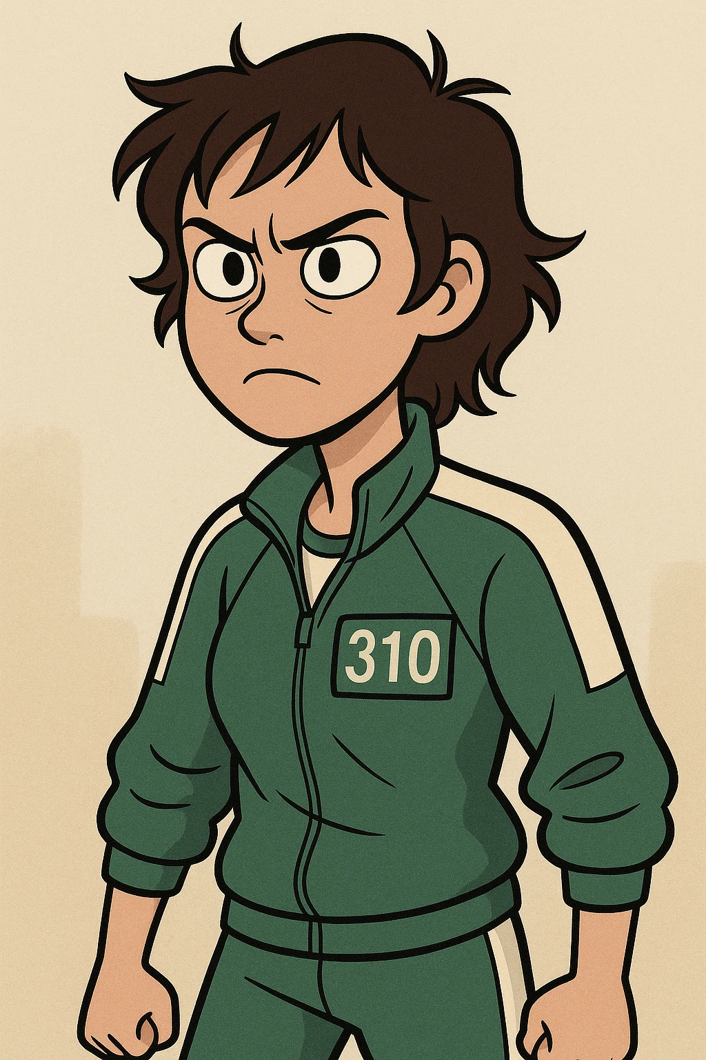 Hyun Ju character from Squid Game 3, stylized cartoon, green tracksuit, determined look, simple background emoji