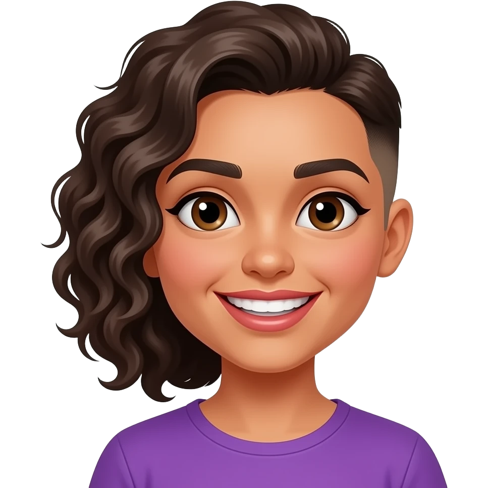 Mexican girl brown eyes with only one side of hair thats curly and the other side she has a buzz cutand make sure that it looks like a girl and a big forehead with lip gloss and a big wide showing rows both rows of her teeth smiling with a purple shirt on and wide eyes emoji