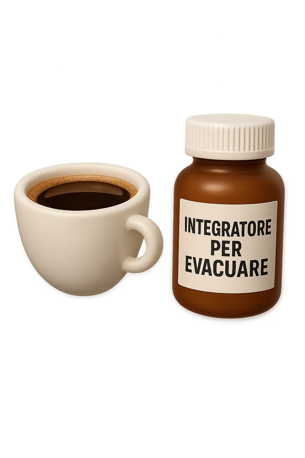 EMOJI STILE IPHONE 3D DI un caffè e di una boccetta di integratore con la scritta "INTEGRATORE PER EVACUARE" SULL'ETICHETTA CHE FLUTTUANO IN ARIA, iperrealistico 4k emoji