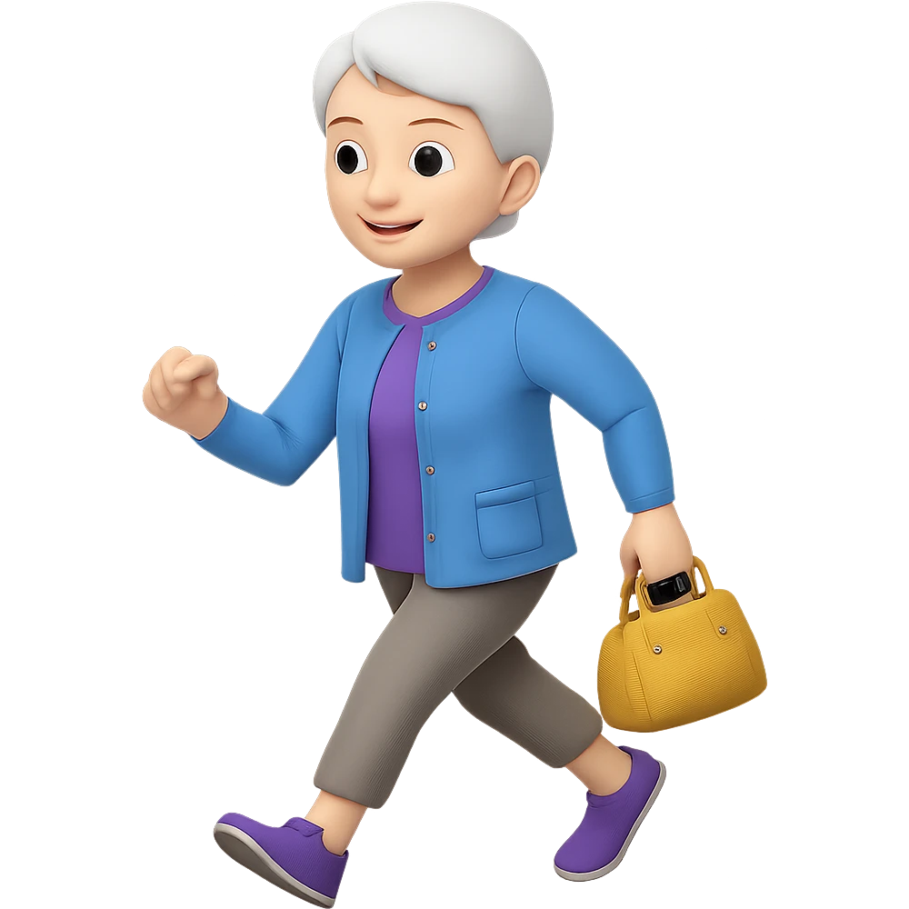 Change the walking pose of the elderly woman with short hair to a brisk walk. Keep the emoji style look in mind while editing. emoji