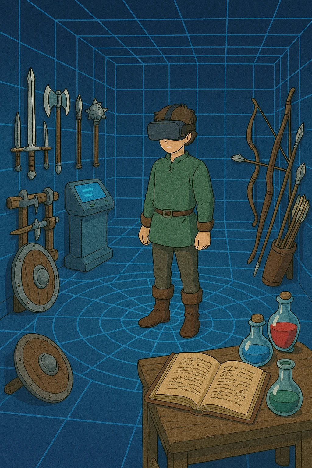 A virtual simulated training environment for combat drills, configured with swords, daggers, axes, maces, halberds, bow and arrows, and shields, as well as spell books and potions  emoji