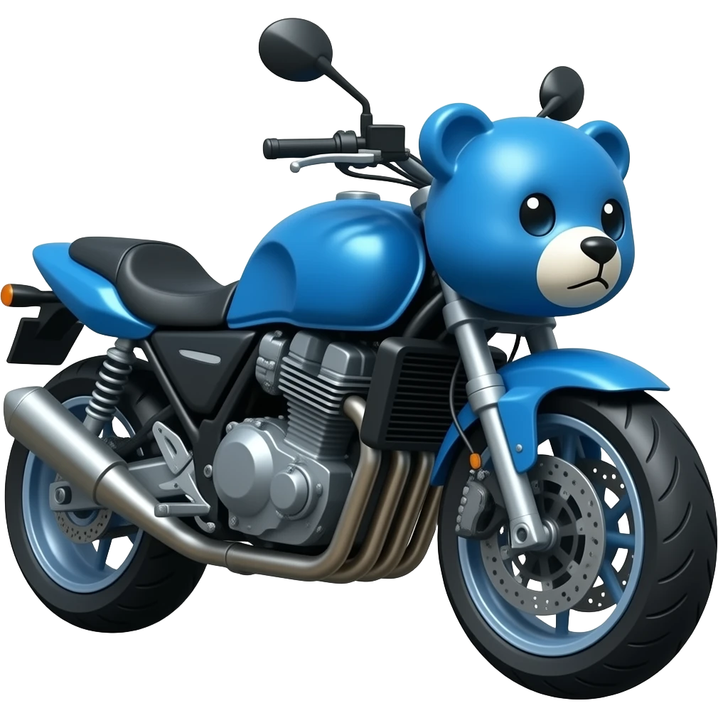 A blue motorcycle with a blue robot bear head the front emoji