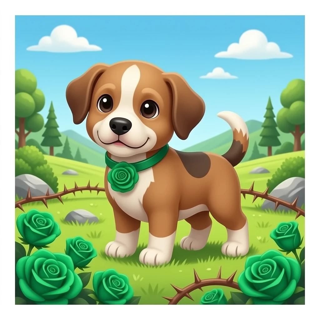Puppies with emerald green roses and valley of thorns emoji