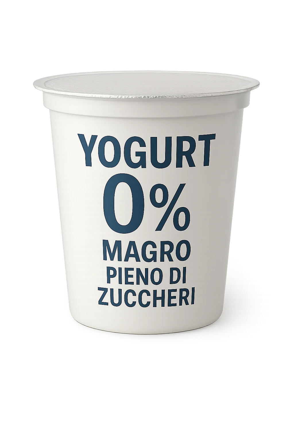 confezione di Yogurt 0% con la scritta "Yogurt 0% magro ma pieno di zuccheri" sull'etichetta emoji