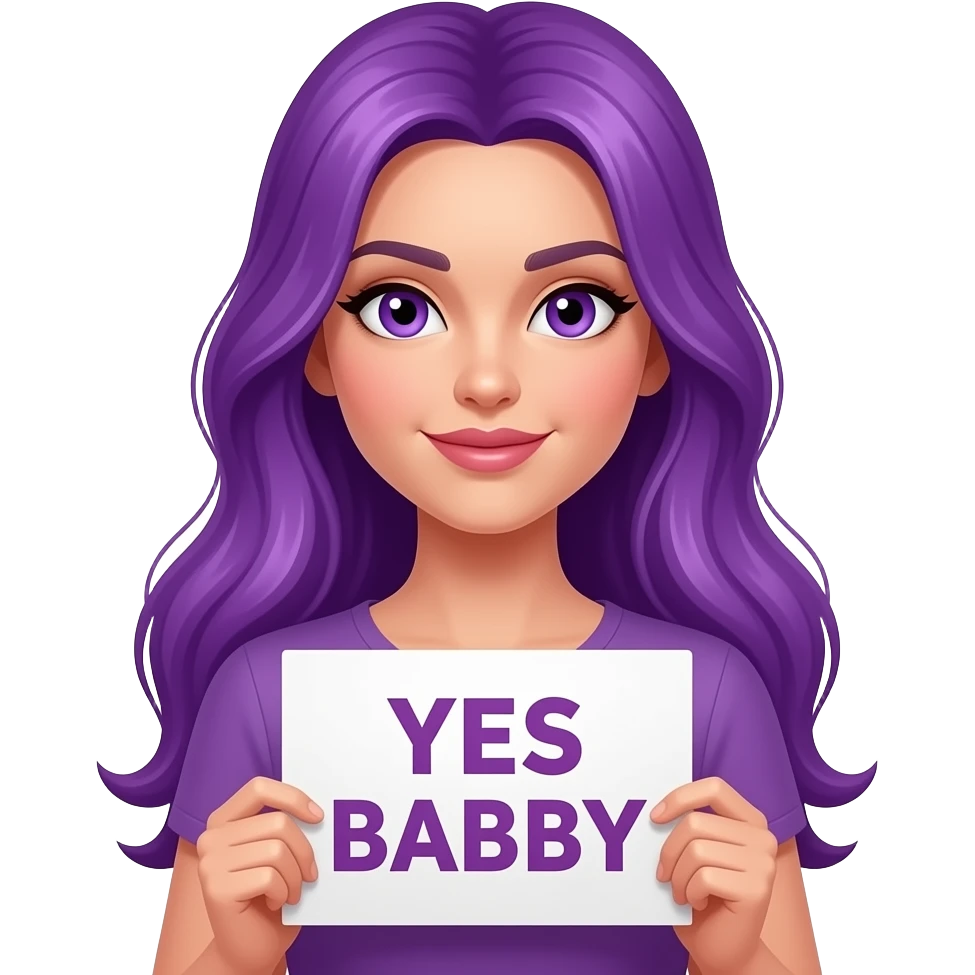 sexy girl with long purple hair and purple eyes holding a YES BABY sign emoji