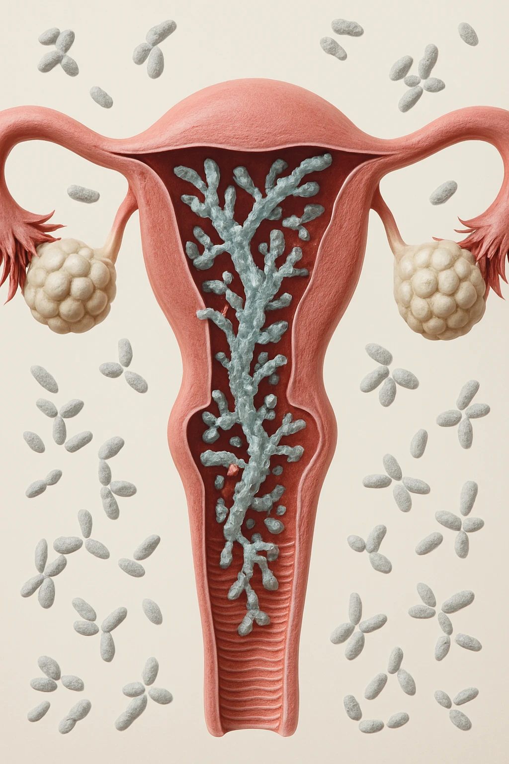 utero umano realistico con batteri della candida intorno, la foto si deve vedere per intero in formato verticale, sfondo neutro chiaro, iperrealistico 4k emoji