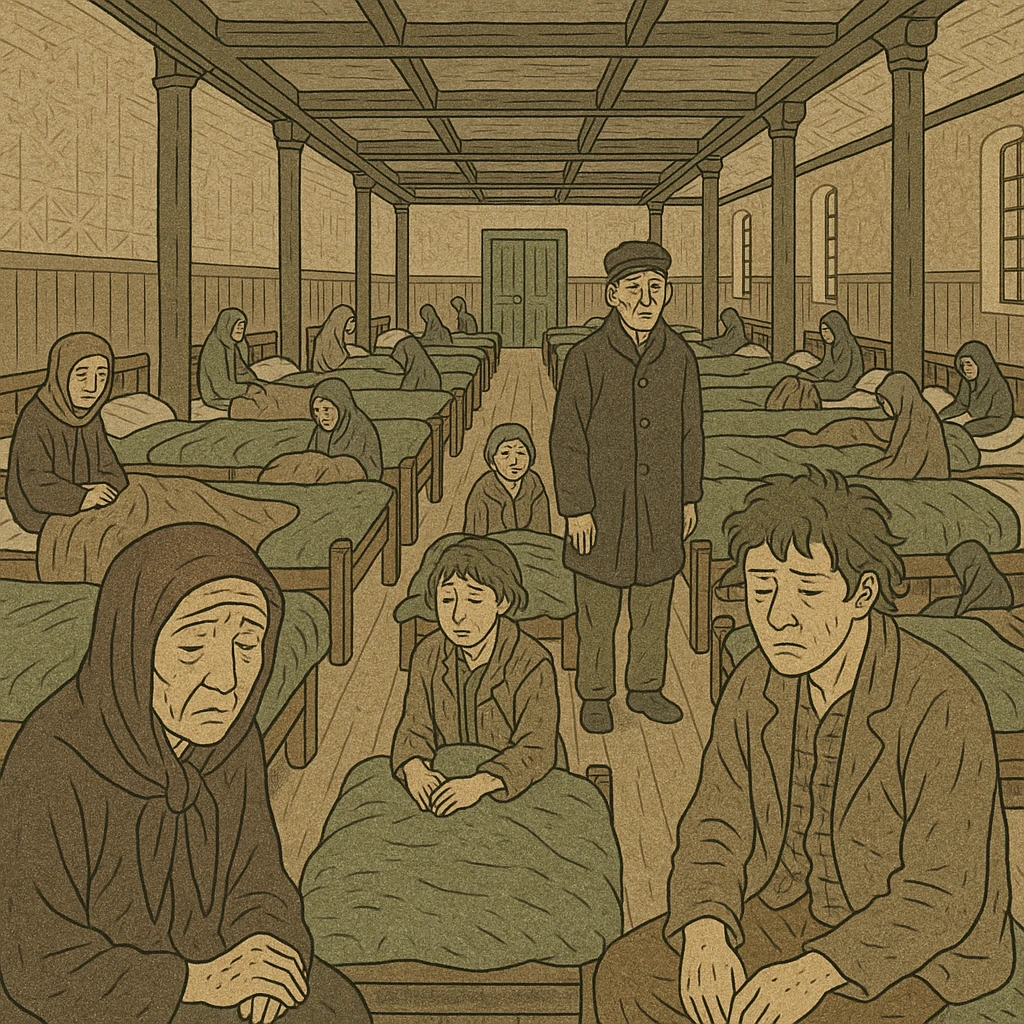 interior of a Victorian workhouse for the poor and ill, long rows of beds, somber atmosphere, people in ragged clothing, muted colors, historical details, ukiyo-e style emoji