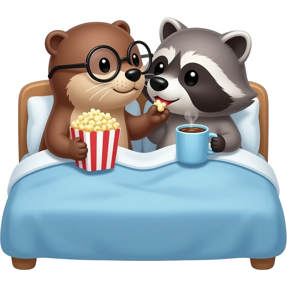 an otter with round glasses kissing raccoon making with popcorn and a mug of hot chocolate in bed emoji