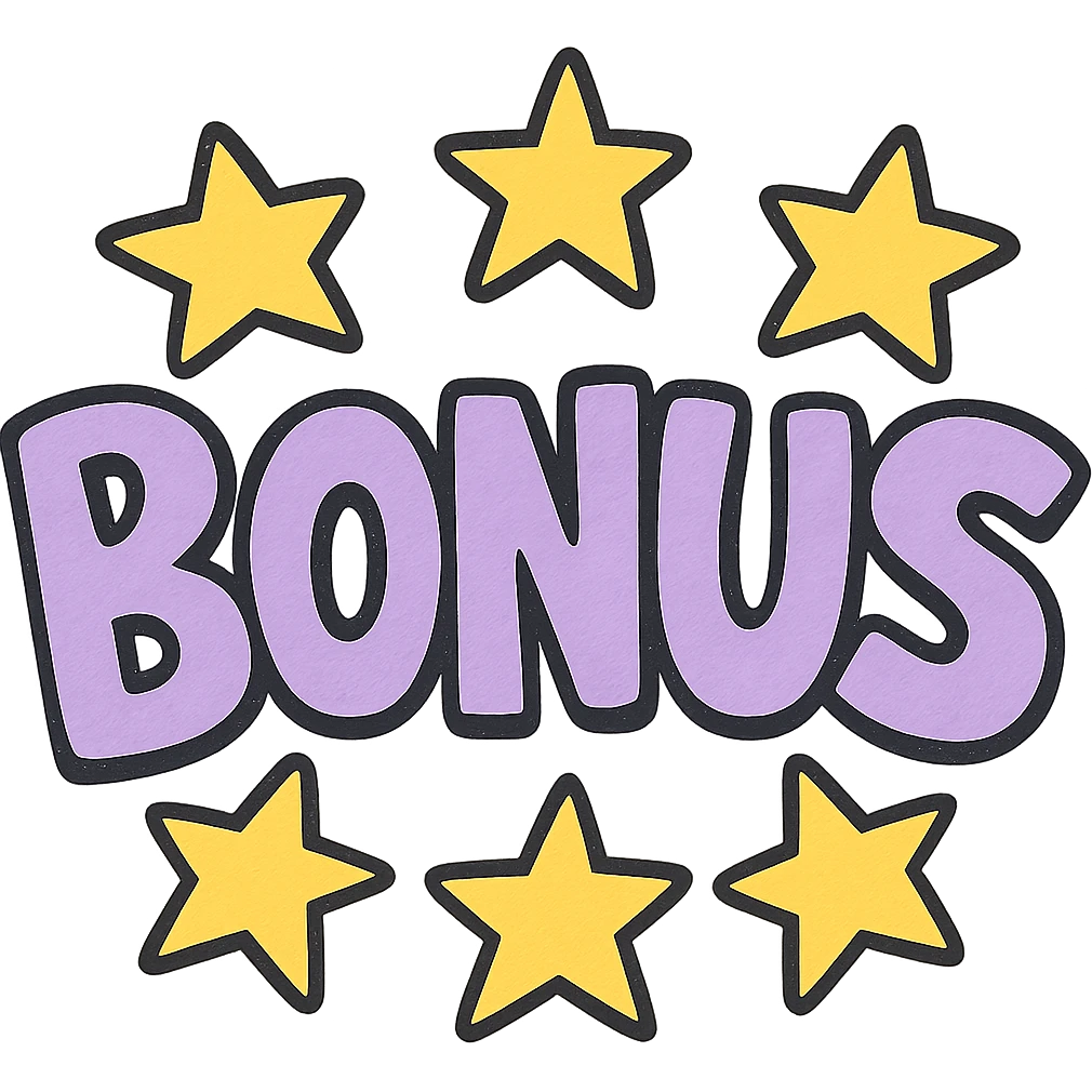 the word BONUS in large letters, all the same vibrant color, surrounded by stars, no background or sign behind, just the letters and stars, vibrant cartoon style QUIERO EXACTAMENTE IGUAL SOLO QUE LAS LETRAS DEBEN SER VIOLETA PASTEL Y LAS ESTRELLAS AMARILLAS emoji