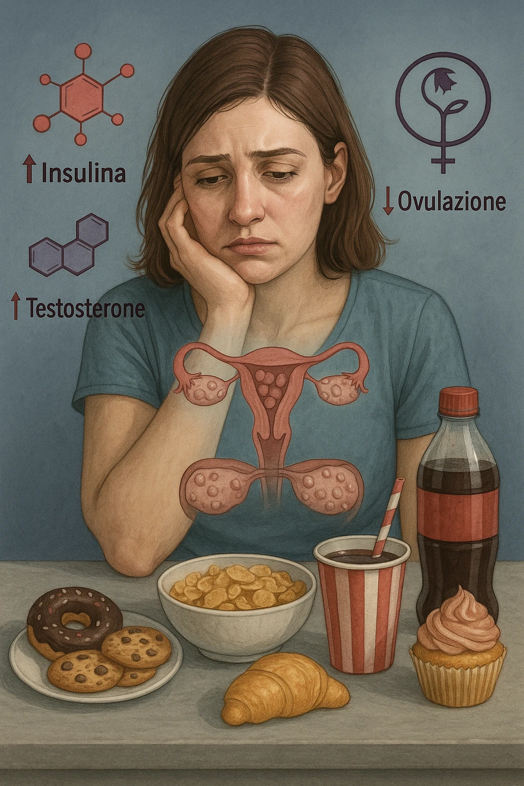 Donna tra i 25 e i 35 anni con espressione affaticata e delusa, seduta a tavola. Davanti a lei cibi ad alto indice glicemico: dolci industriali, cereali raffinati, bibite zuccherate. In trasparenza sopra il suo corpo si vedono ovaie con cisti multiple (PCOS) e un simbolo stilizzato di fertilità (utero con fiore appassito o cerchio spezzato). Attorno a lei fluttuano molecole simboliche come '↑ Insulina', '↑ Testosterone', '↓ Ovulazione'. Atmosfera triste ma educativa. Colori freddi con accenti in rosso e viola. Stile realistico con elementi visivi simbolici chiari in italiano emoji