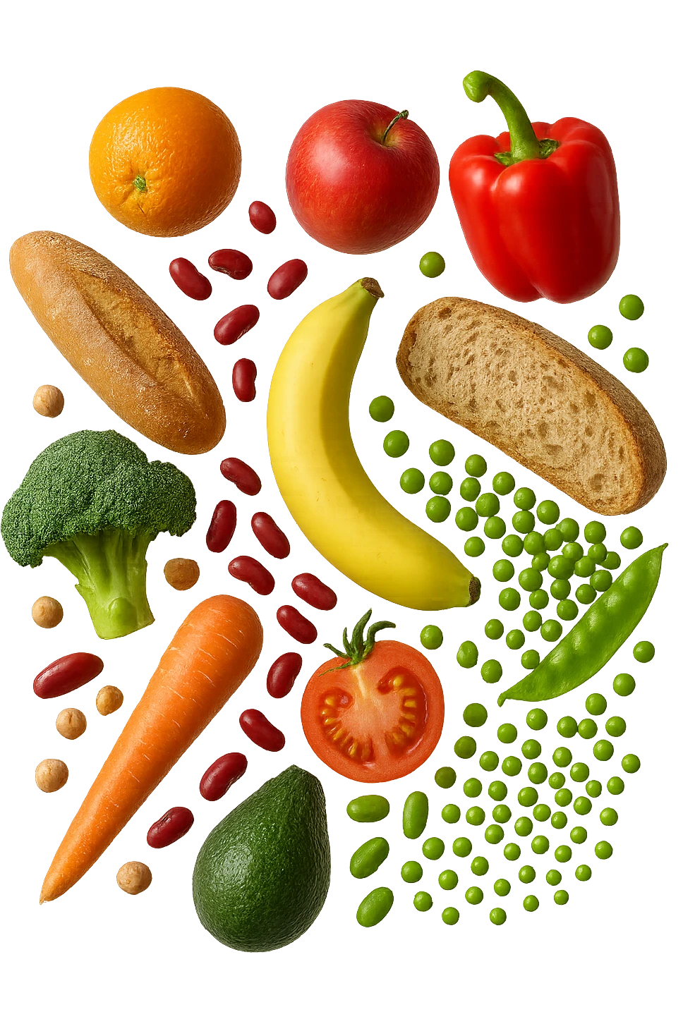FRUTTA, PANE, LEGUMI E VERDURE CRUDE FLUTTUANO IN ARIA, IPERREALISTICA 4K emoji