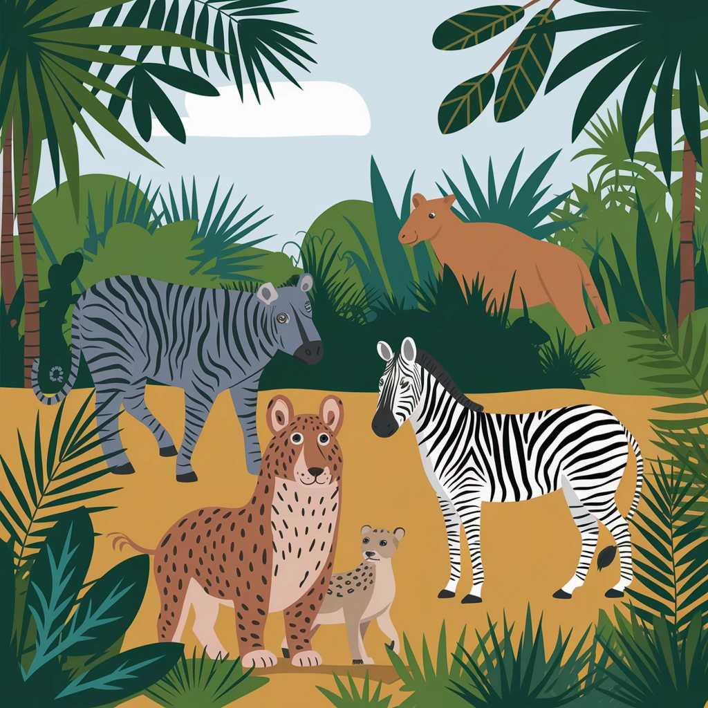 hand drawn digital illustration of jungle safari in the style of children's illustration emoji