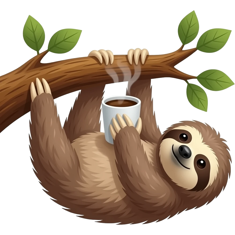hanging sloth on big tree branch leaves drink coffee hanging emoji