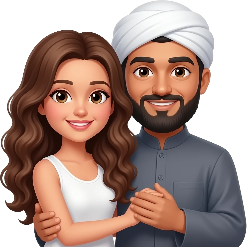 Black bald bearded Muslim man holding white long curly brown haired female emoji