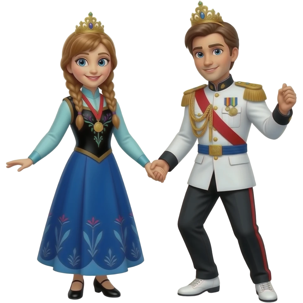 Elsa arendelle and Anna arendelle from disney frozen movie are same wearing gold tiara white military tunic arm badge shoulder cord medal red sash blue belt black trouser with both side red stripe white shoes and they both dancing of kadhal kondein tamil Indian flim emoji