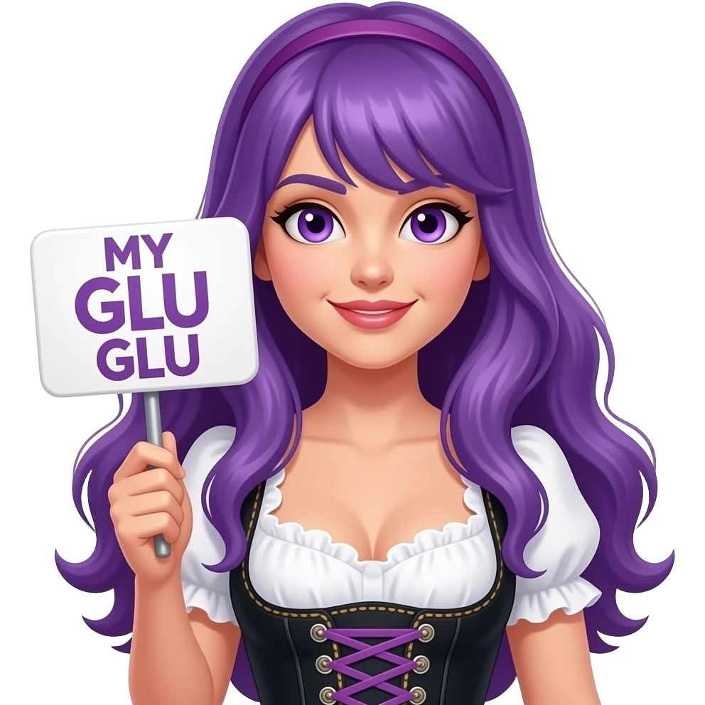 sexy girl with long purple hair and purple eyes wearing a dirndl holding a MY GLU GLU sign emoji