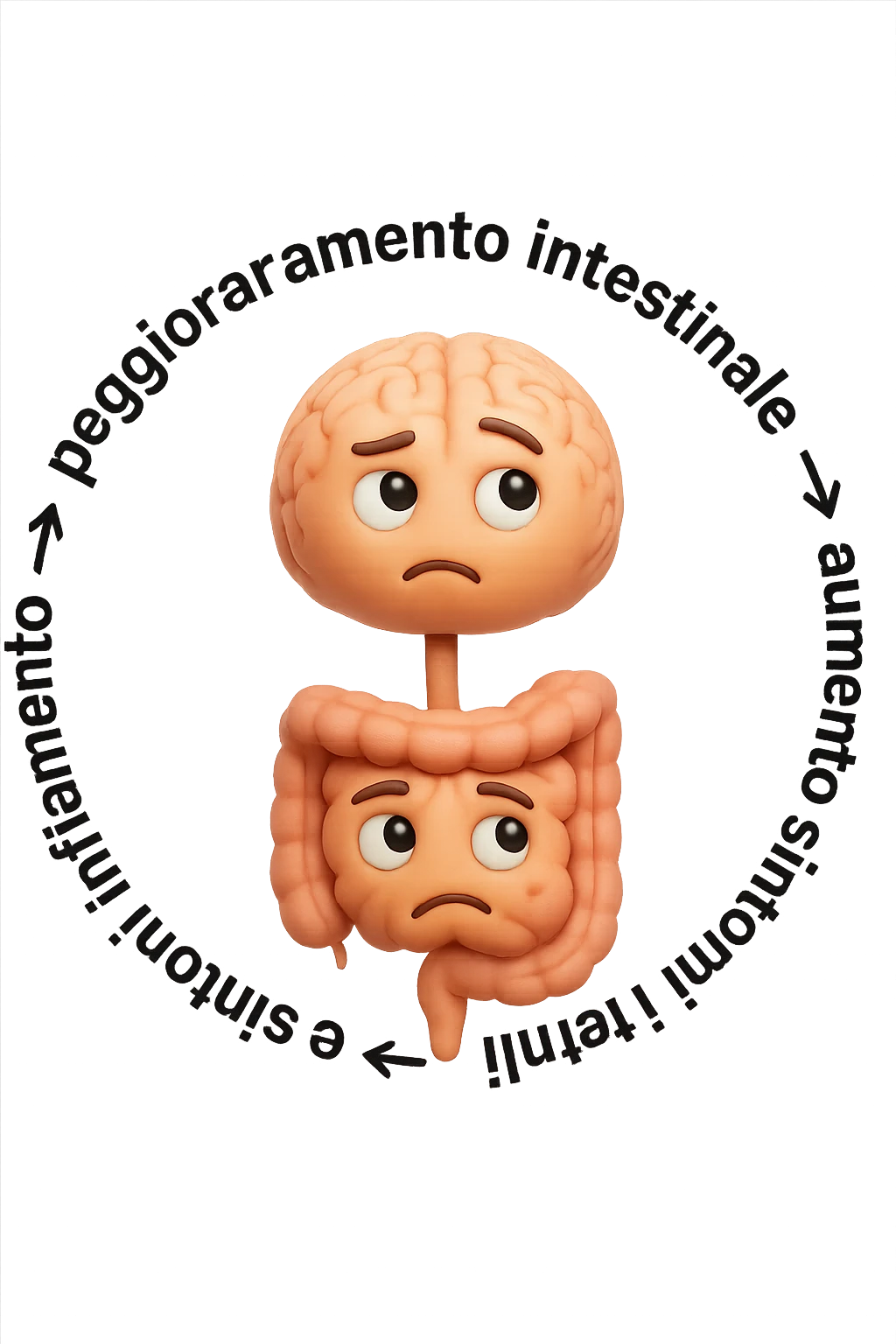 EMOJI STILE IPHONE 3D DI un cerchio con queste scritte che girano intorno "stress → peggioramento intestinale → aumento infiammazione → peggioramento sintomi intestinali e sistemici." al centro del cerchio metti un cervello e intestino umani collegati verticalmente con espressione dubbiosa in volto, FALLO MOLTO REALISTICO IN 3D emoji