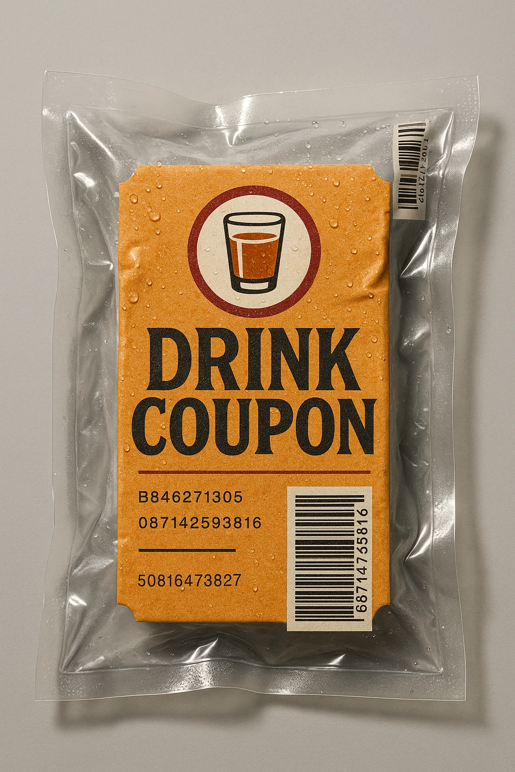 A detailed, realistic image of a drink coupon. The coupon should feature the attached logo prominently displayed on the package. Ensure the design is visually appealing, with clear text indicating it's a coupon for a drink, and incorporate realistic textures and lighting to enhance the lifelike appearance. emoji