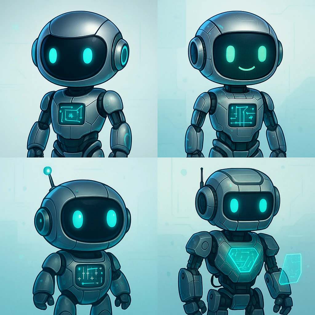 A tech-themed robot character, futuristic, friendly, with digital accents, in four distinct visual interpretations emoji