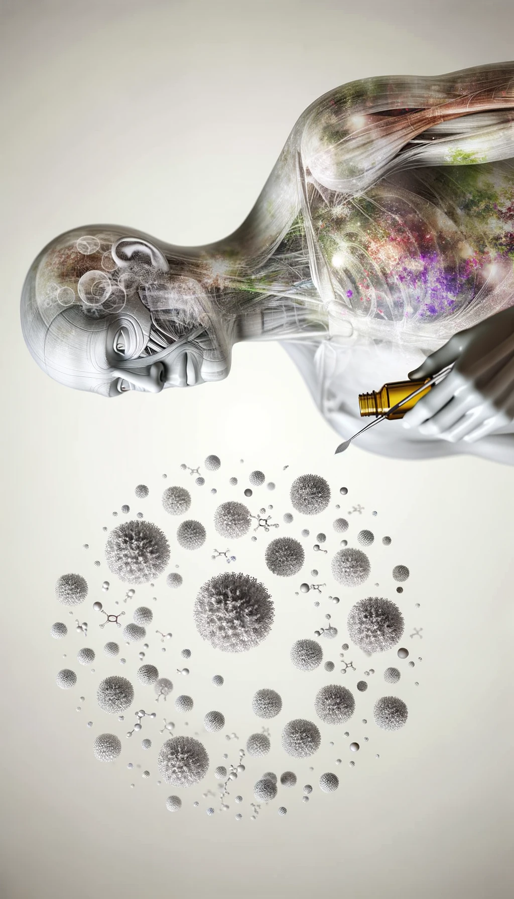 corpo umano anatomico tiene in mano l'olio di enotera, intorno a lui fluttuano particelle di ormoni umani, sfondo neutro chiaro, iperrealistico 4k emoji