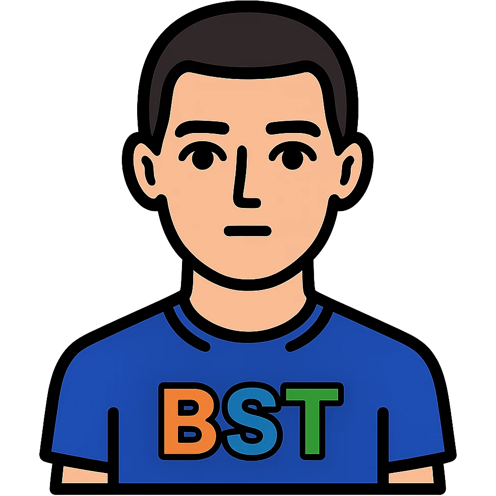 Create a chest-up avatar of a Caucasian male in his early 20s with white skin, blue eyes, short dark hair, no beard, and no smile. The shirt should have 'BST' written in the same colorful style and font as the reference image, with no other text or badges. emoji