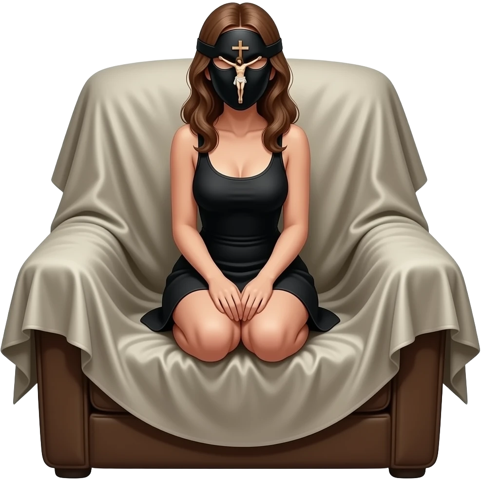 The female figure is in a crouching on the armchair covered with heavy fabric. The most prominent detail is the black mask with a small figurine of the crucified Jesus sewn between the eyes emoji