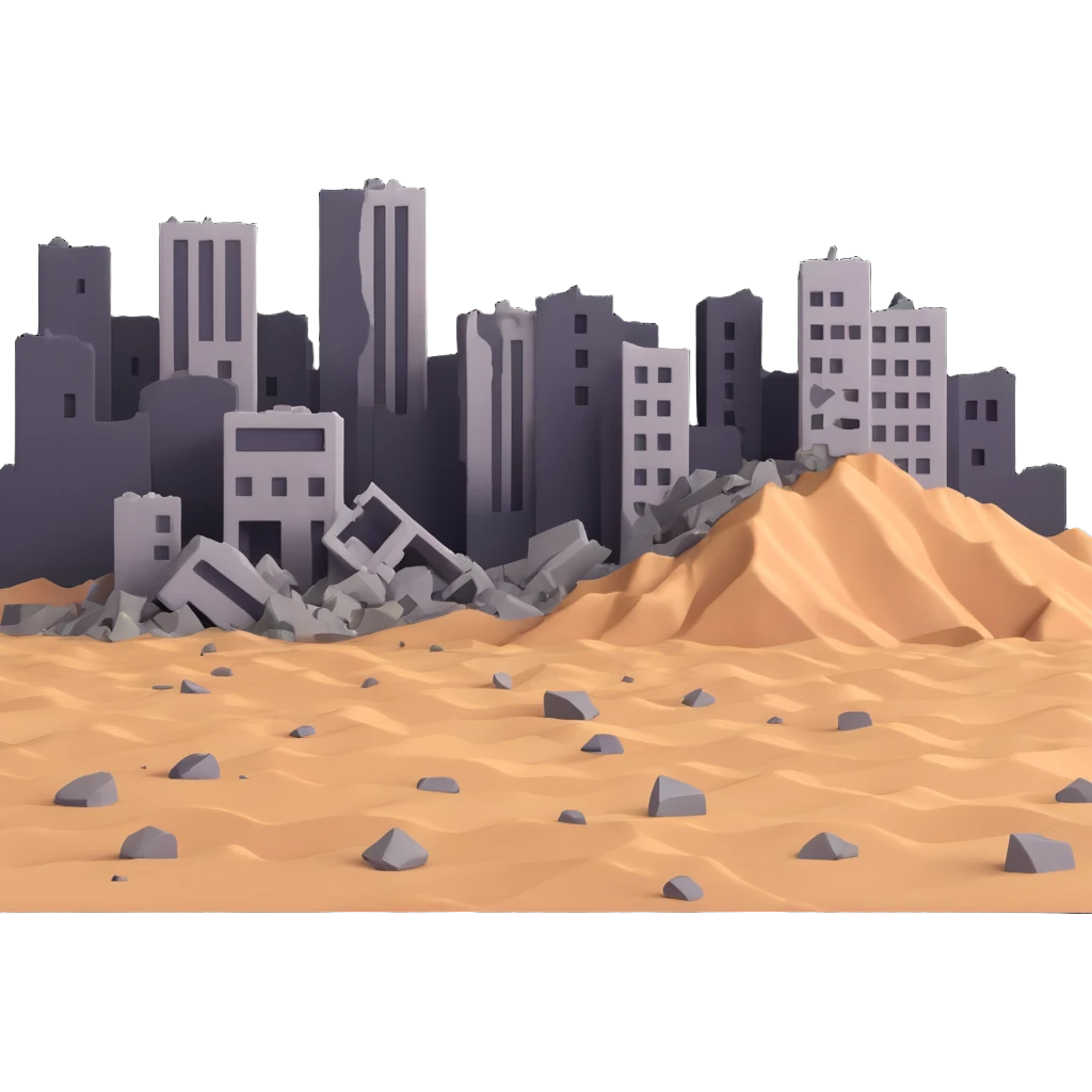 An earthquake shaking the ground, with cracked earth, falling buildings, and people in panic emoji