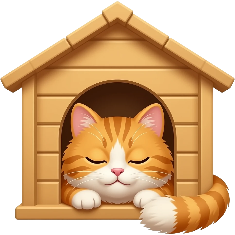 A fluffy long-hair orange tabby cat is peacefully dozing inside a small wooden outdoor cat house, with just its head poking out of the entry hole, eyes closed in contentment. emoji