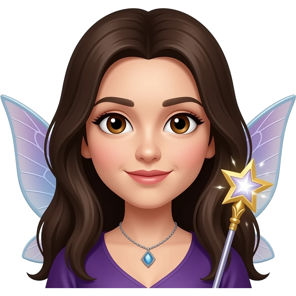 fairy godmother with magic wand face, with dark brown hair, brown eyes, with wings, face closeup emoji