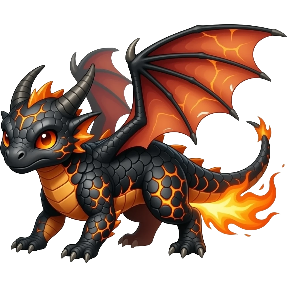 A small draconic creature covered in black scales with molten orange lines between them. It puffs sparks when annoyed and can flare into a blazing glide. emoji
