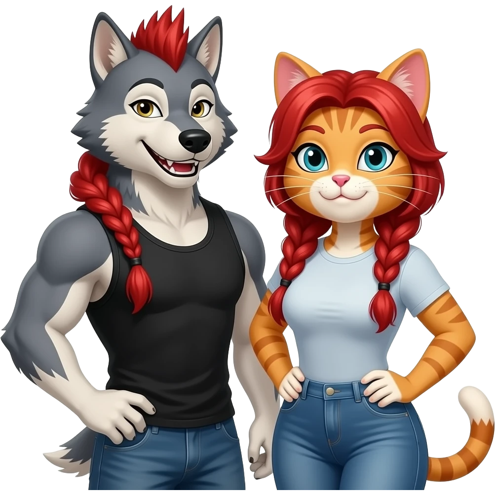 Human like Wolf and Cat grining slyly. Wolf wears a black tank-top and the female wears a tight t shirt that acentuates her voluptous figure. Wolf is an athletic male, cat is a voluptuous female. Wolf has a long red braid and a mohawk, while the female cat has red hair braided in two. emoji