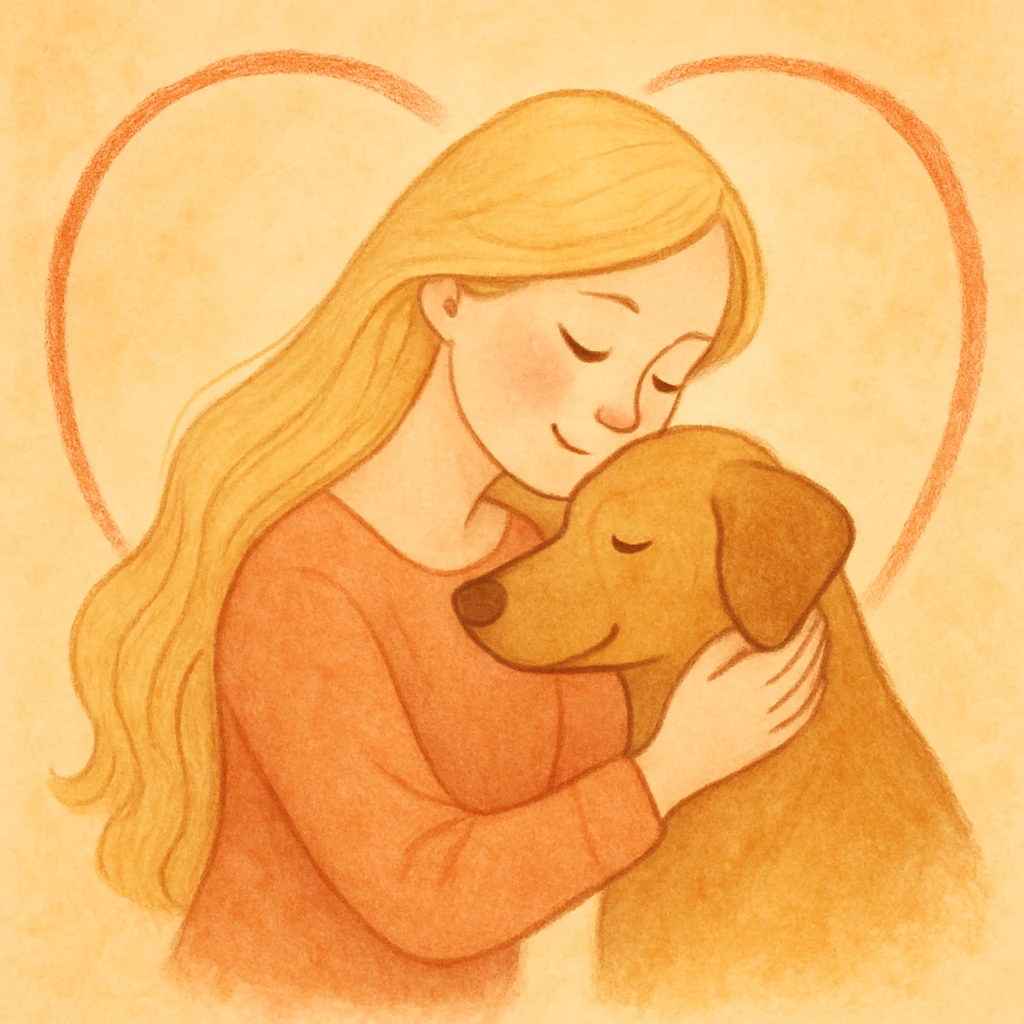 A pretty woman with pale skin and very long blonde hair hugging a dog, with a heart encircling her. emoji