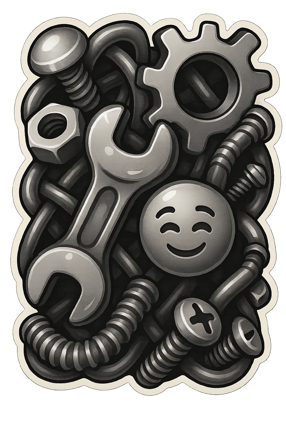 Chaotic, greyscale emoji-style card back with tangled metal, bolts, and machinery, no color, just black, white, and grey. emoji