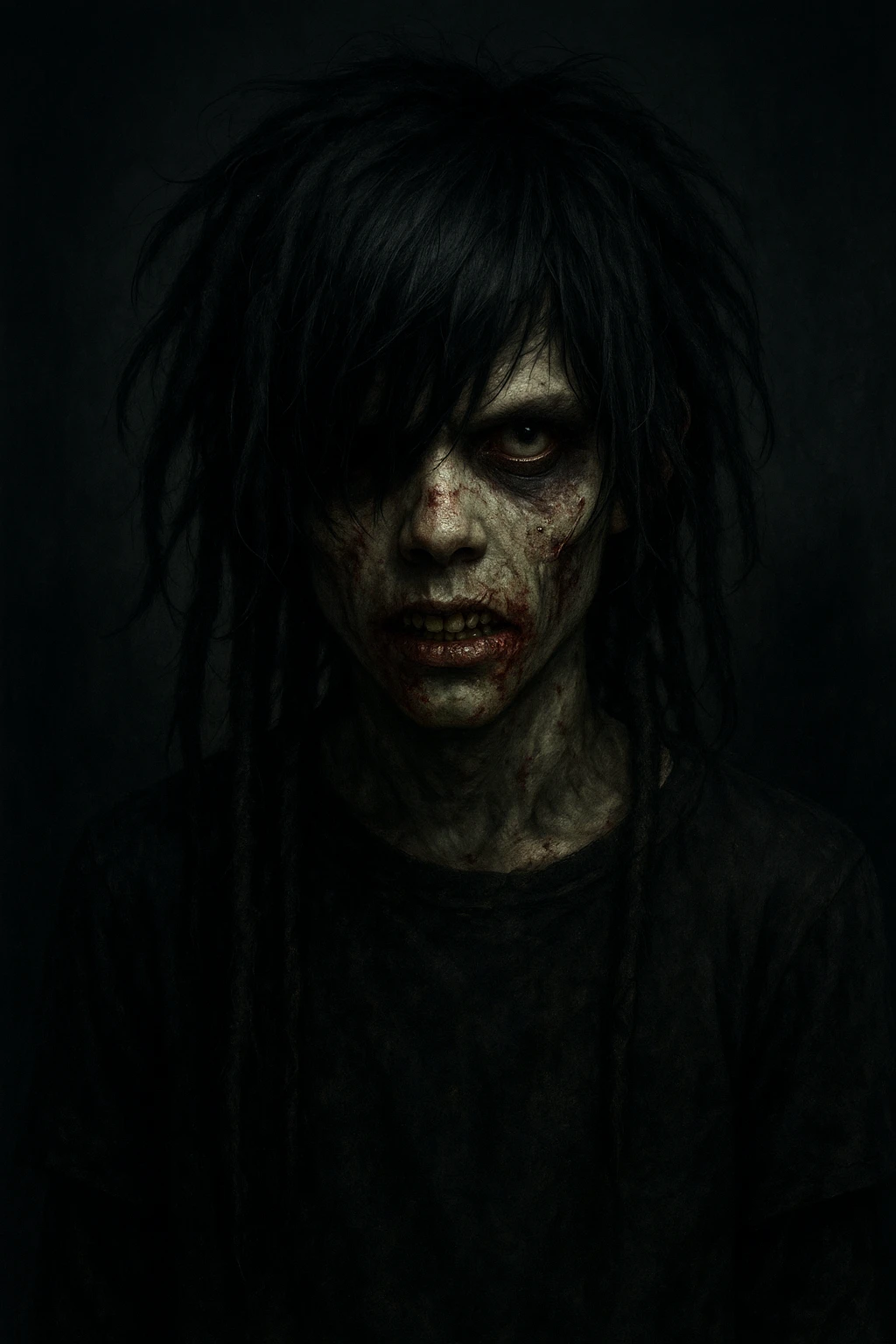 boy zombie with black medium-long dreads, emo style, shaggy hair, dark and spooky atmosphere, creepy expression emoji