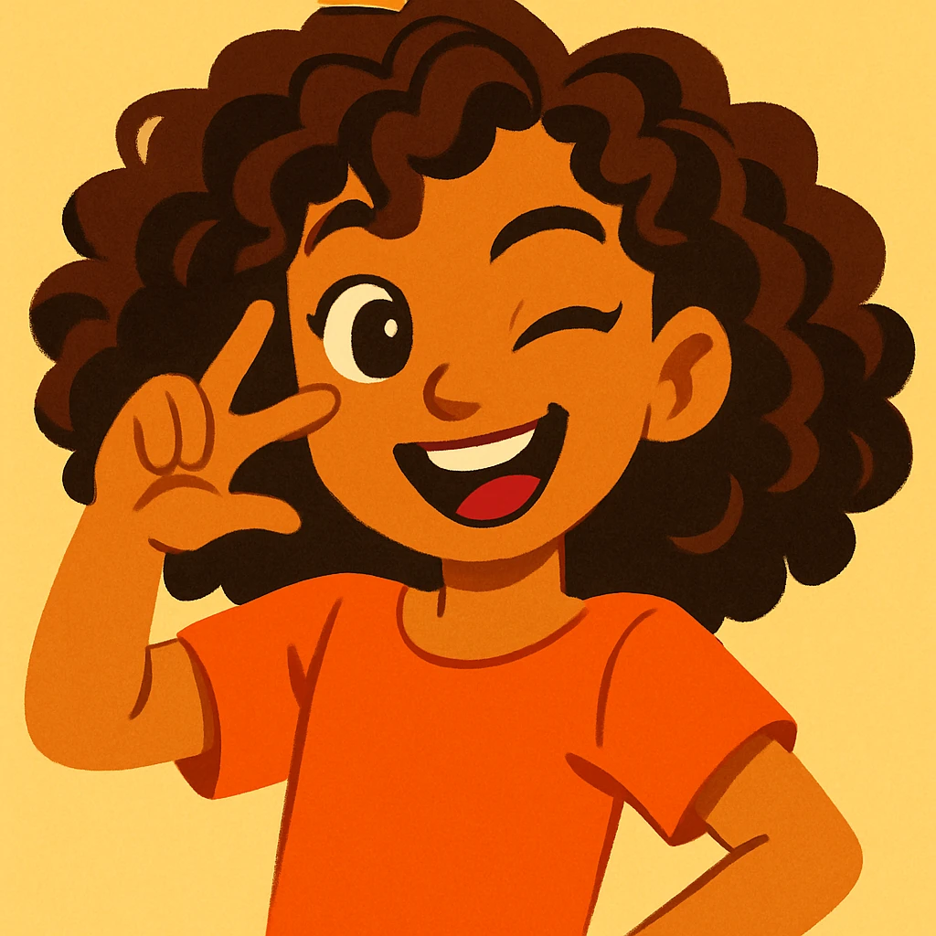 white girl with brown eyes and brown hazelnut curly hair 3b-3c, playful expression, upper body, plain background, vibrant toon style emoji
