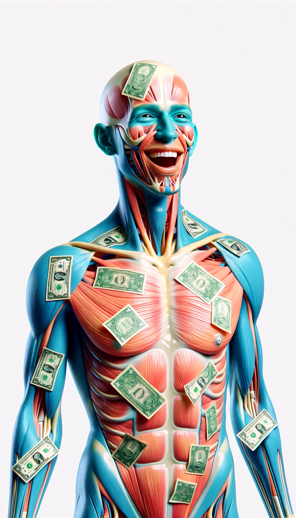 corpo umano anatomico sereno e felice con banconote sparse appiccicate sul corpo, colori realistici del corpo, espressione stupita, iperrealistica 4k, isolato su sfondo bianco emoji