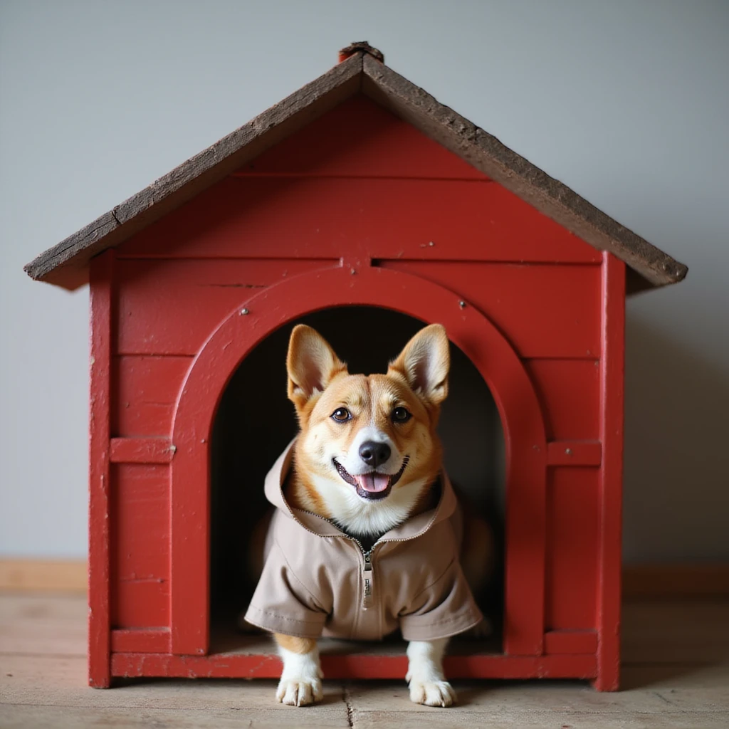 realistic red dog house with a Corgi dog inside, Corgi with a raincoat, photorealistic style emoji