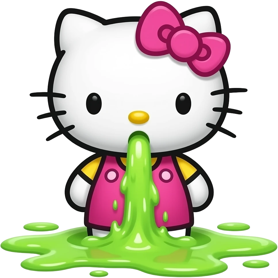 pink hello kitty is vomiting neon green like niagara emoji