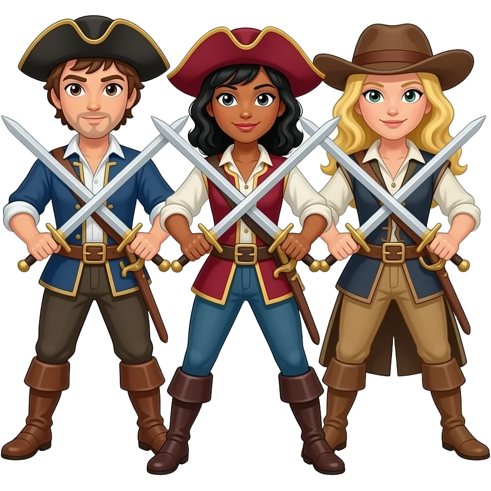 Three musketeers. One guy with brown hair, one girl with black hair and one girl with blond hair. They cross swords and they wear hats. "All for one and one for all" posture. Middle girl has tanned skin and needs a sword too. You have to see them in their entirety. Guy has brown eyes. emoji