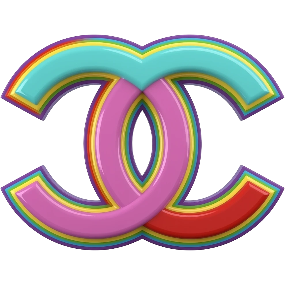 name "Chanel" in teal pink red 3D style typography lettering, each color of the rainbow as a border outlined around each letter, isolated, 3d rendering, no emoji icons no emoji faces and must have no human figures emoji
