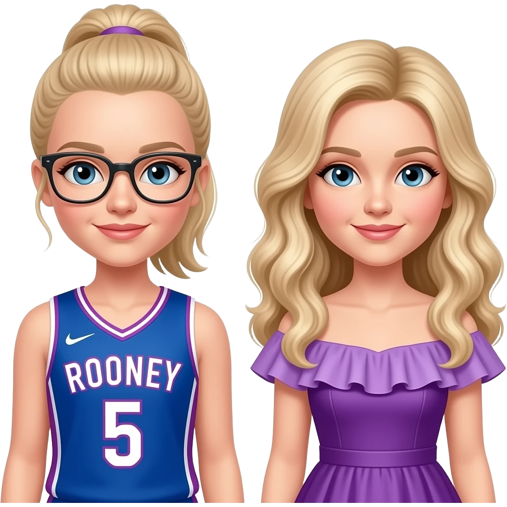 (2 dove camerons with blonde hair, one's hair straight and in a ponytail, she has glasses and is wearing a blue and purple basketball jersey with "Rooney" and 5 on it. the other one's hair is blonde, long and curled and she is wearing a dress with a purple ruffle. she looks like an actress emoji