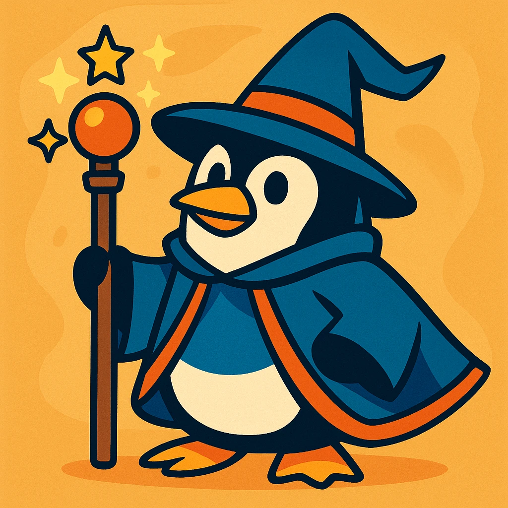 a penguin dressed as a wizard, with a pointy hat and a magic staff, in a fun and whimsical style emoji