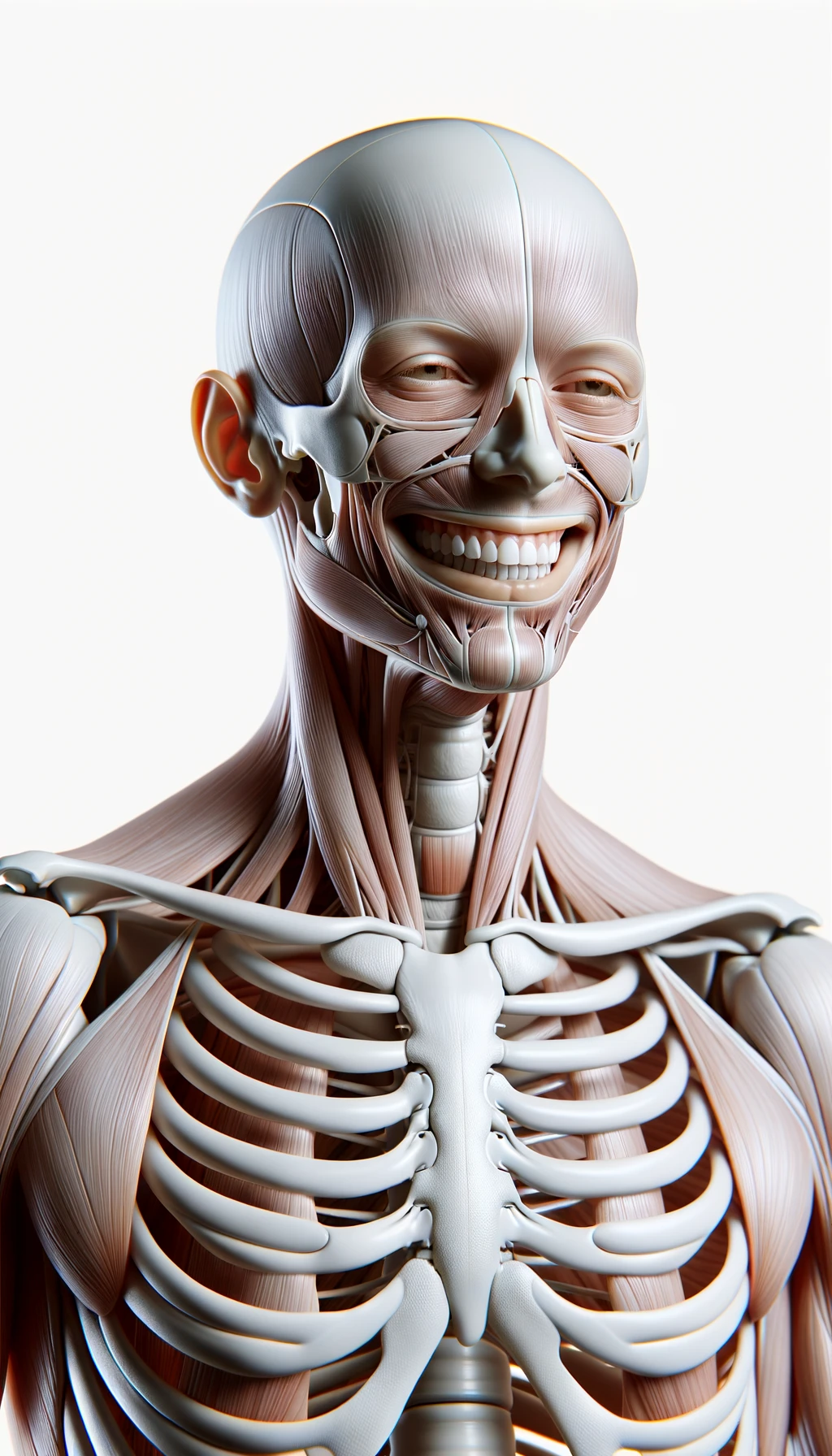 corpo umano anatomico a figura intera che sorride rilassato, iperrealistico 4k, isolato su sfondo bianco emoji