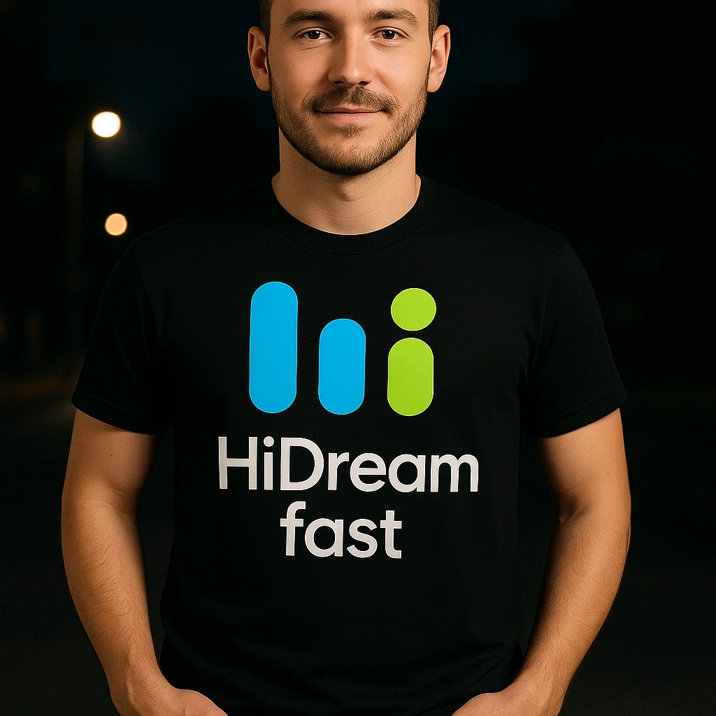man wearing tshirt with this logo, dark night background with dim , add fast below logo emoji
